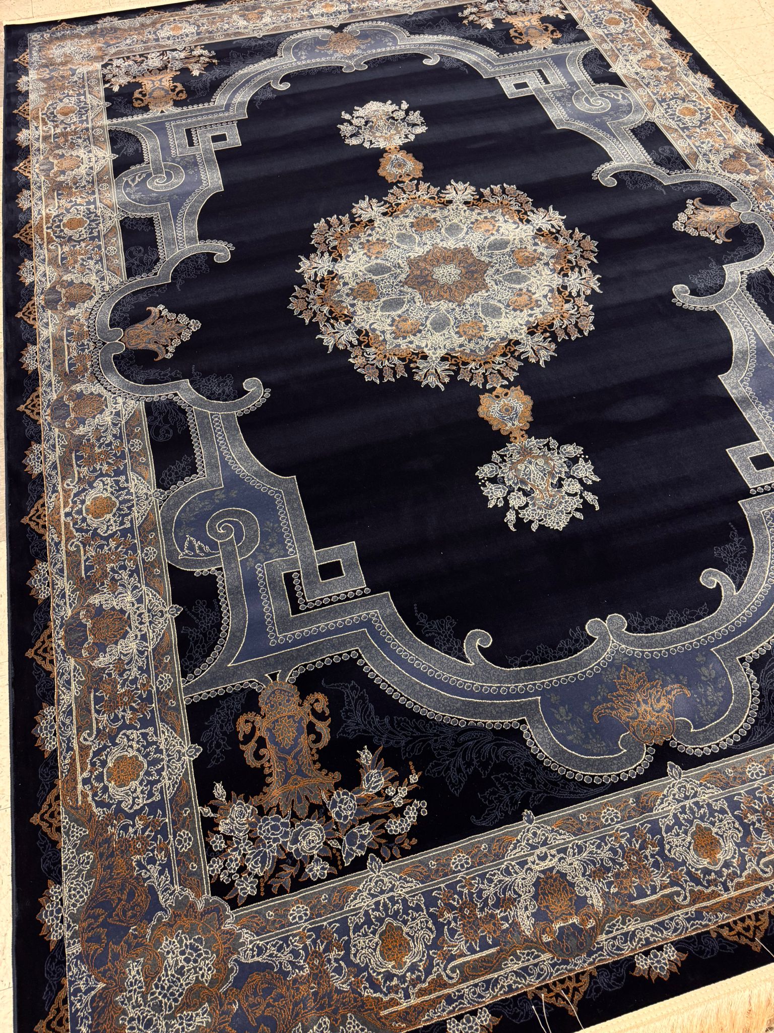 Opera Dark Blue Color 1200 Reeds Kashan Design Machine made Carpet