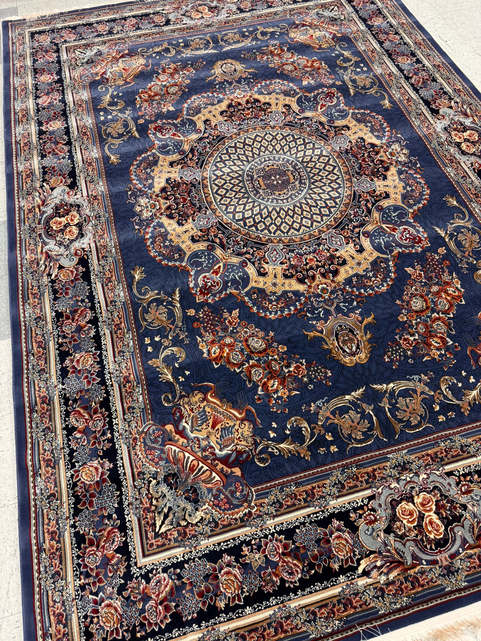 Veniz Blue Color 1200 Reeds Kashan Design Machine made Carpet