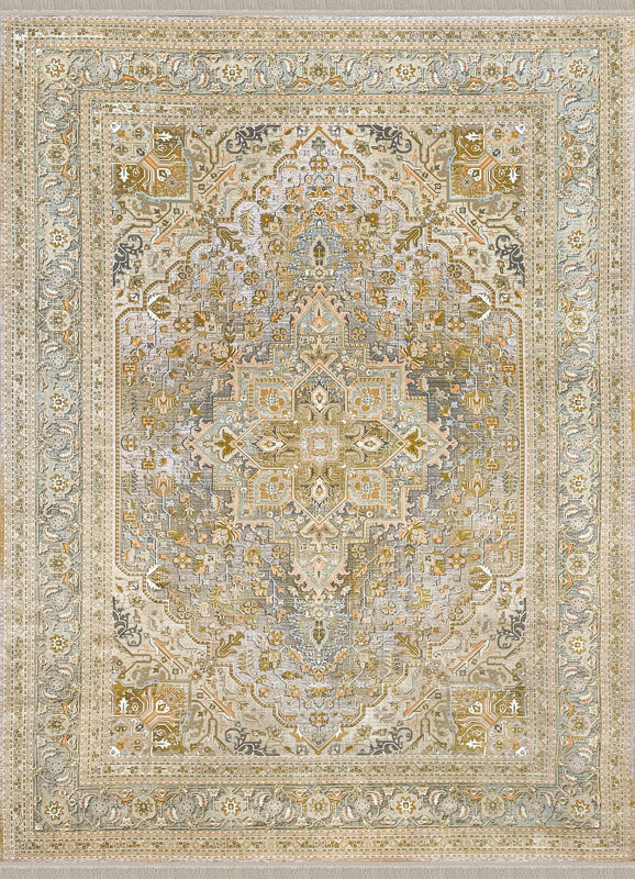 BEIGE Color High Quality 1500 Reeds Kashan Design Machine Made Carpet #397701 (COTTON)