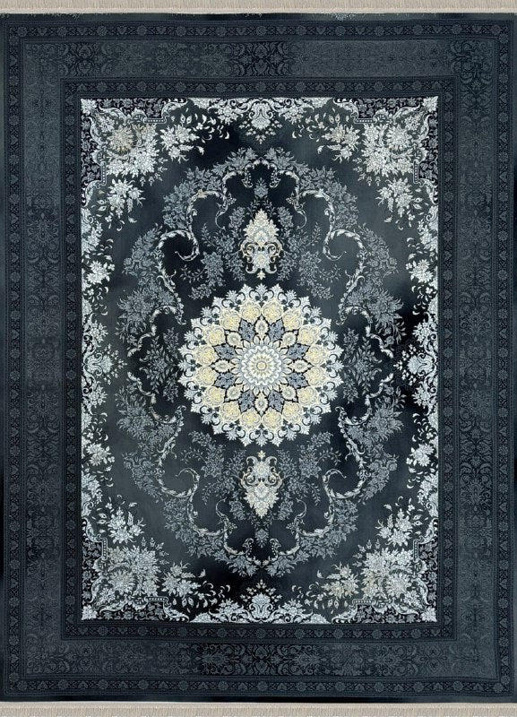 BLACK Color High Quality 1500 Reeds Kashan Design Machine Made Carpet #813702