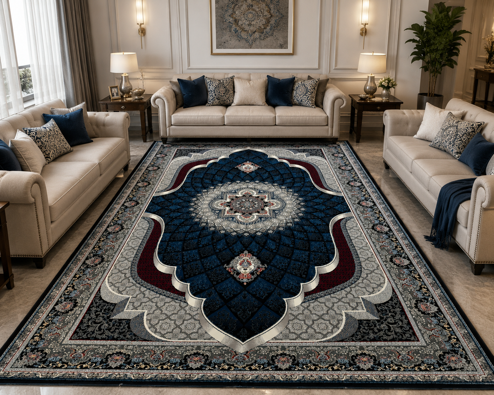 DARK NAVY Color High Quality 1500 Reeds Kashan Design Machine Made Carpet #A77504