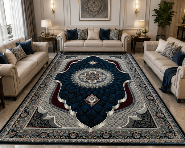 DARK NAVY Color High Quality 1500 Reeds Kashan Design Machine Made Carpet #A77504
