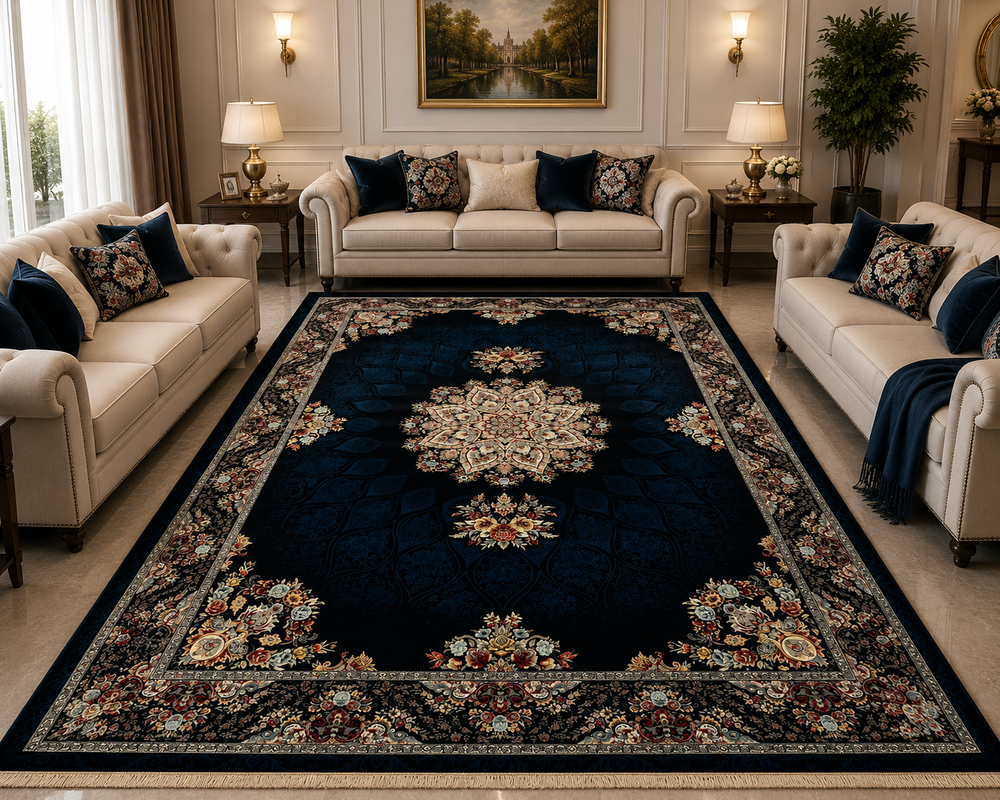 Dark Navy Color High Quality 1500 Reeds Kashan Design Machine Made Carpet #A72404