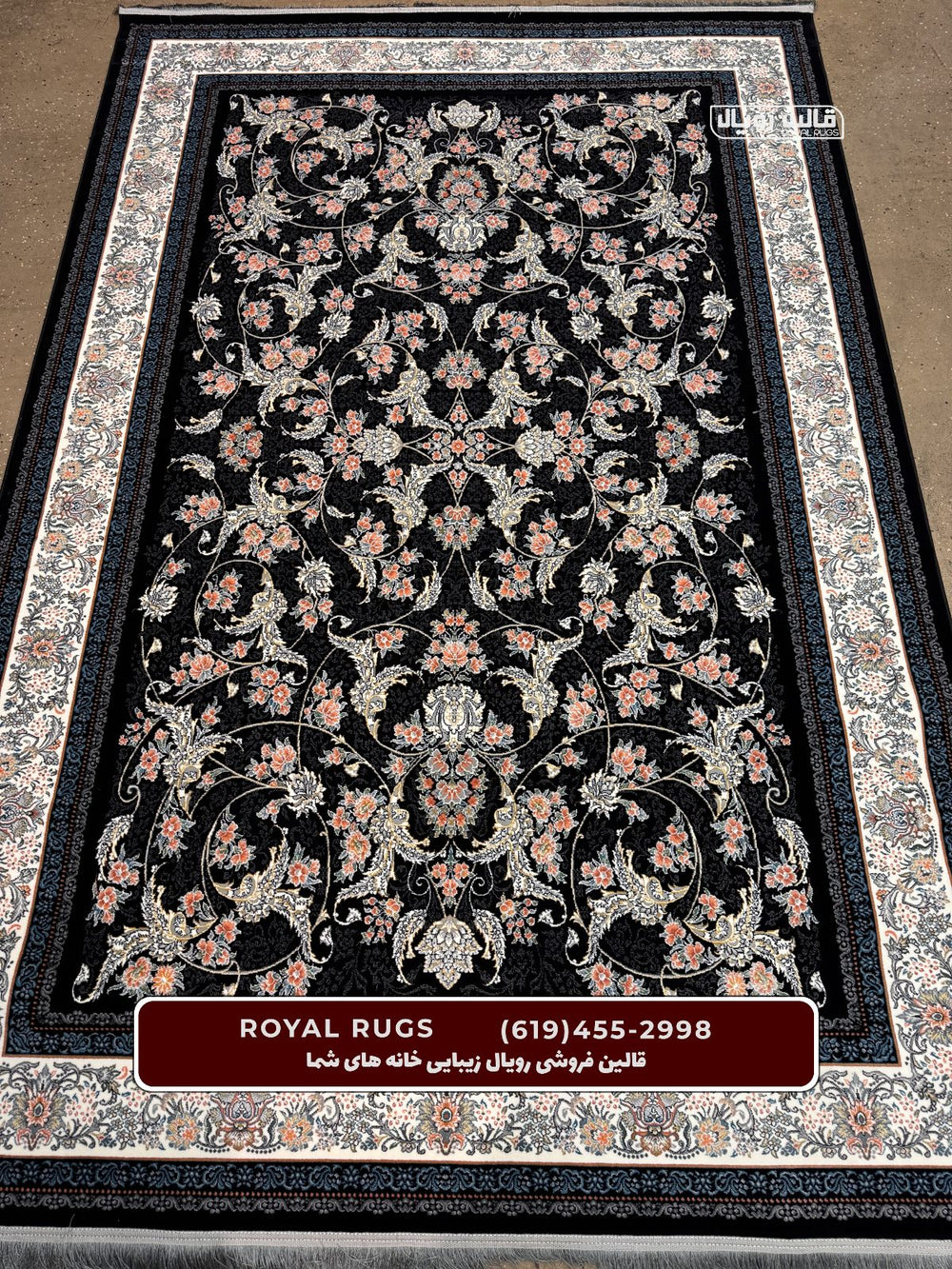 ‌Black Color High Quality 1500 Reeds Kashan Design Machine Made Carpet #800104