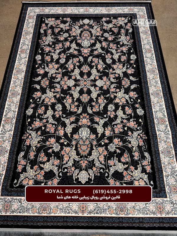 ‌Black Color High Quality 1500 Reeds Kashan Design Machine Made Carpet #800104