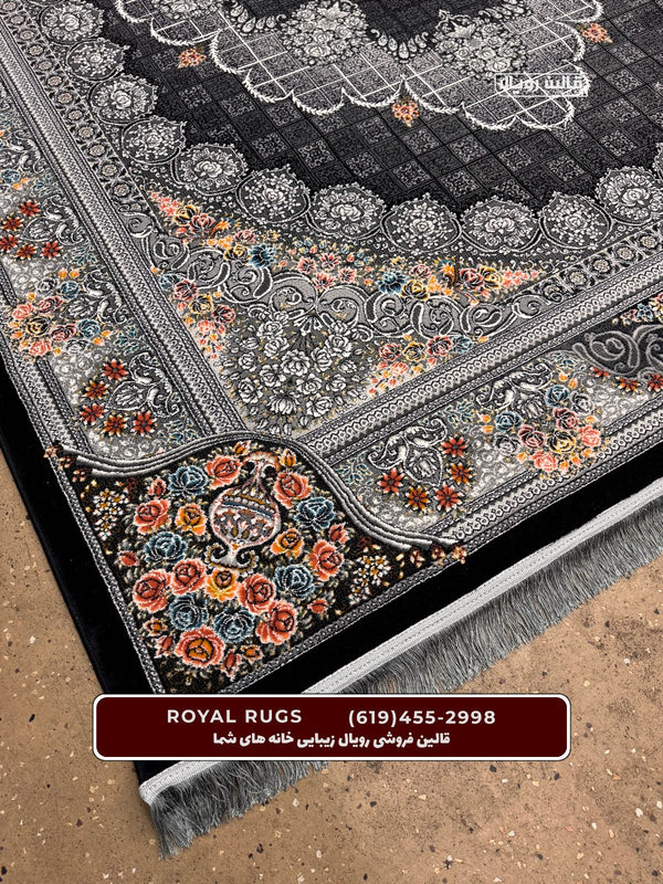 BLACK Color High Quality 1500 Reeds Kashan Design Machine Made Carpet #813504 (COTTON)