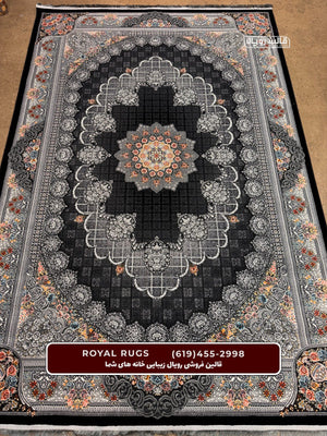 BLACK Color High Quality 1500 Reeds Kashan Design Machine Made Carpet #813504 (COTTON)