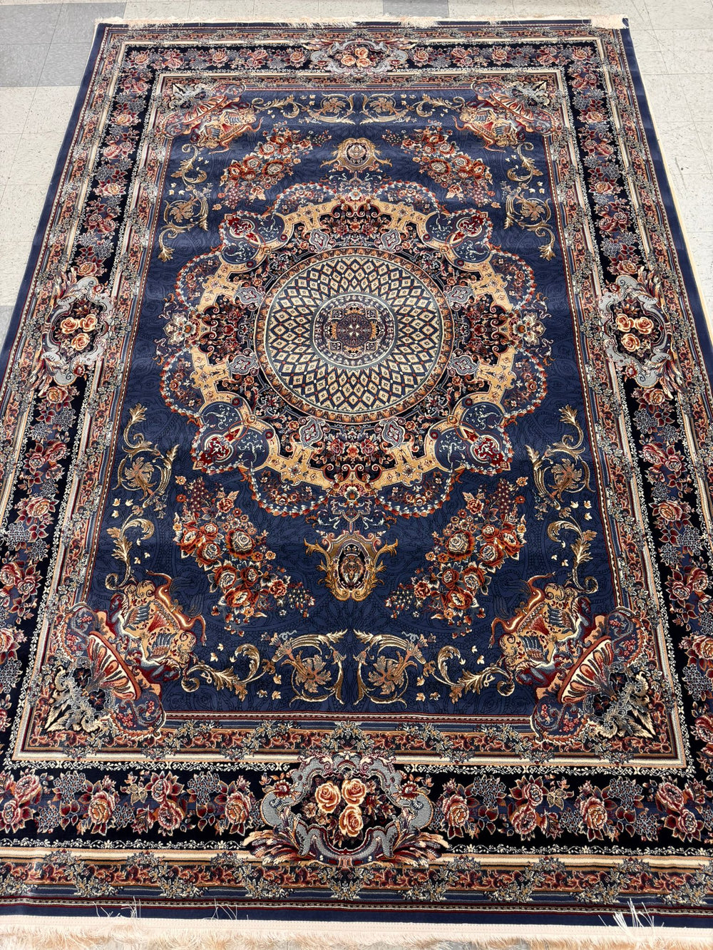 Veniz Blue Color 1200 Reeds Kashan Design Machine made Carpet