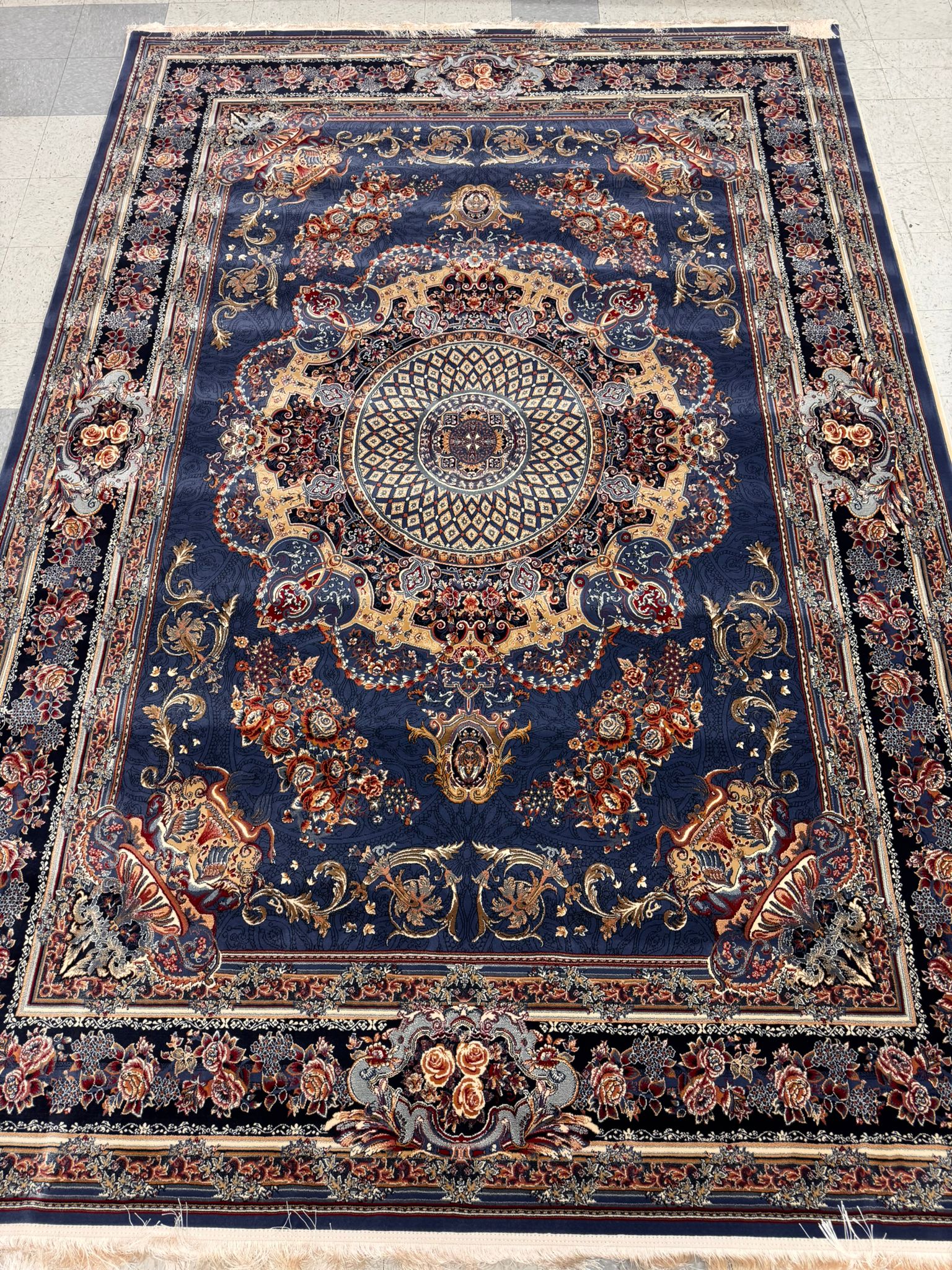Veniz Blue Color 1200 Reeds Kashan Design Machine made Carpet