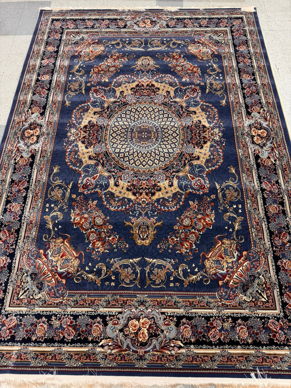 Veniz Blue Color 1200 Reeds Kashan Design Machine made Carpet