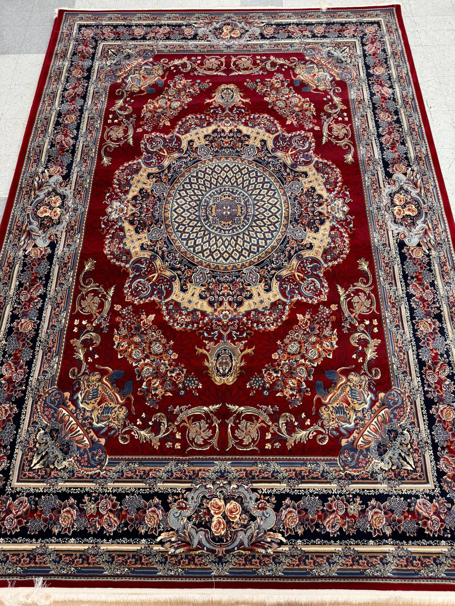 Veniz Red Color 1200 Reeds Kashan Design Machine made Carpet