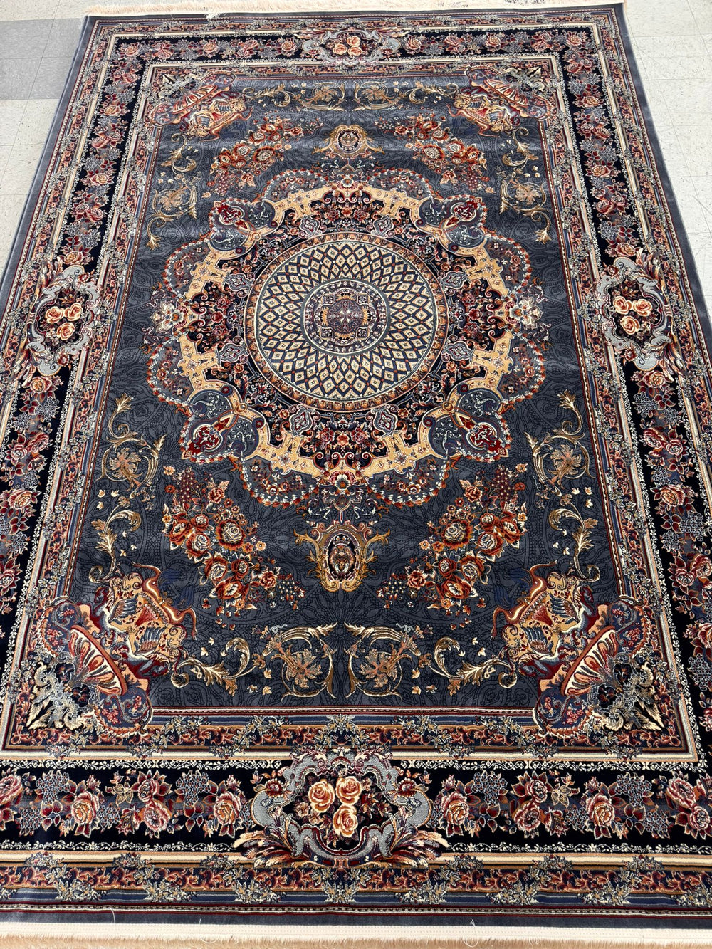 Veniz Grey Color 1200 Reeds Kashan Design Machine made Carpet