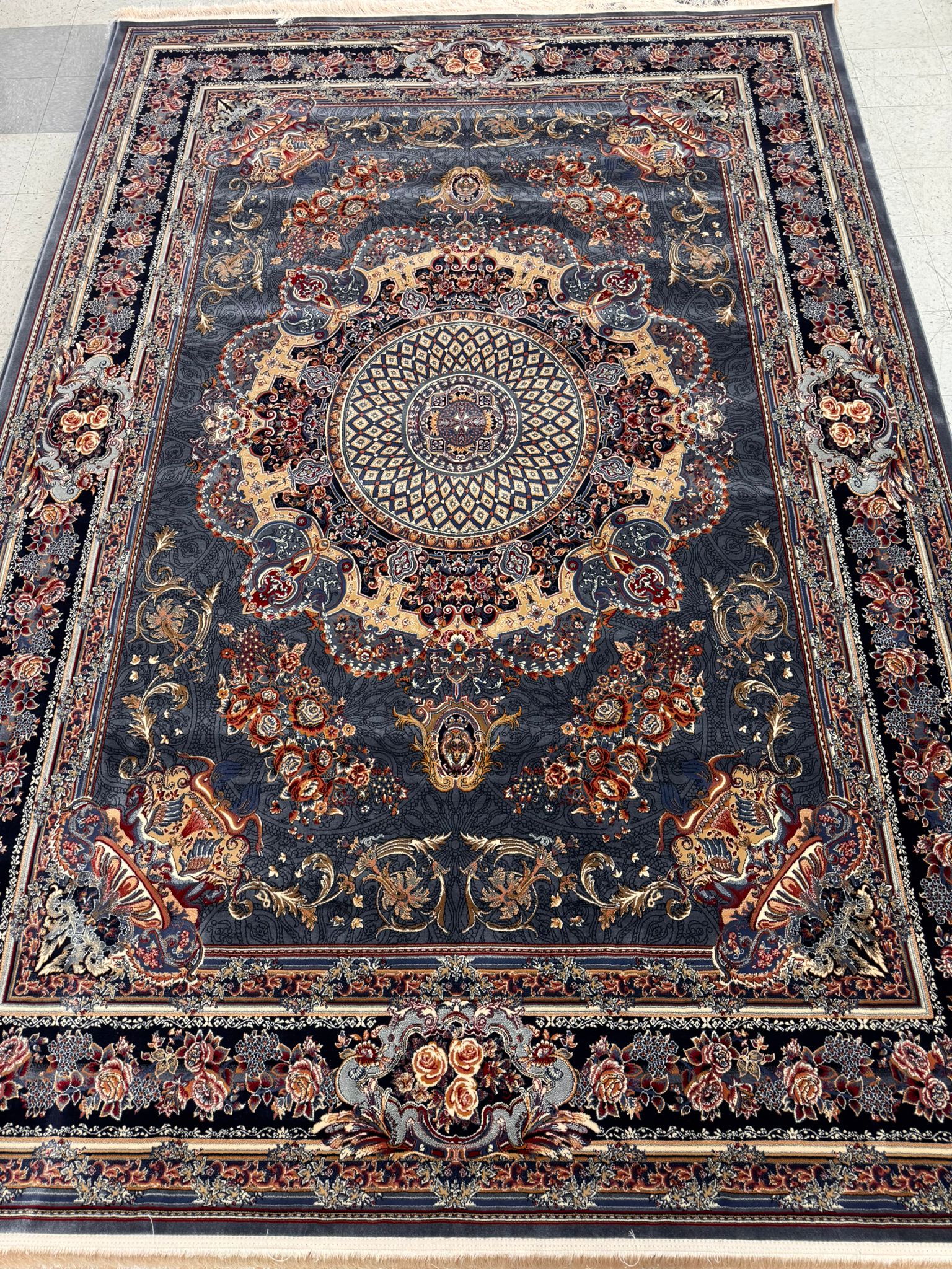 Veniz Grey Color 1200 Reeds Kashan Design Machine made Carpet