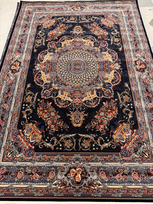 Veniz Dark Blue Color 1200 Reeds Kashan Design Machine made Carpet