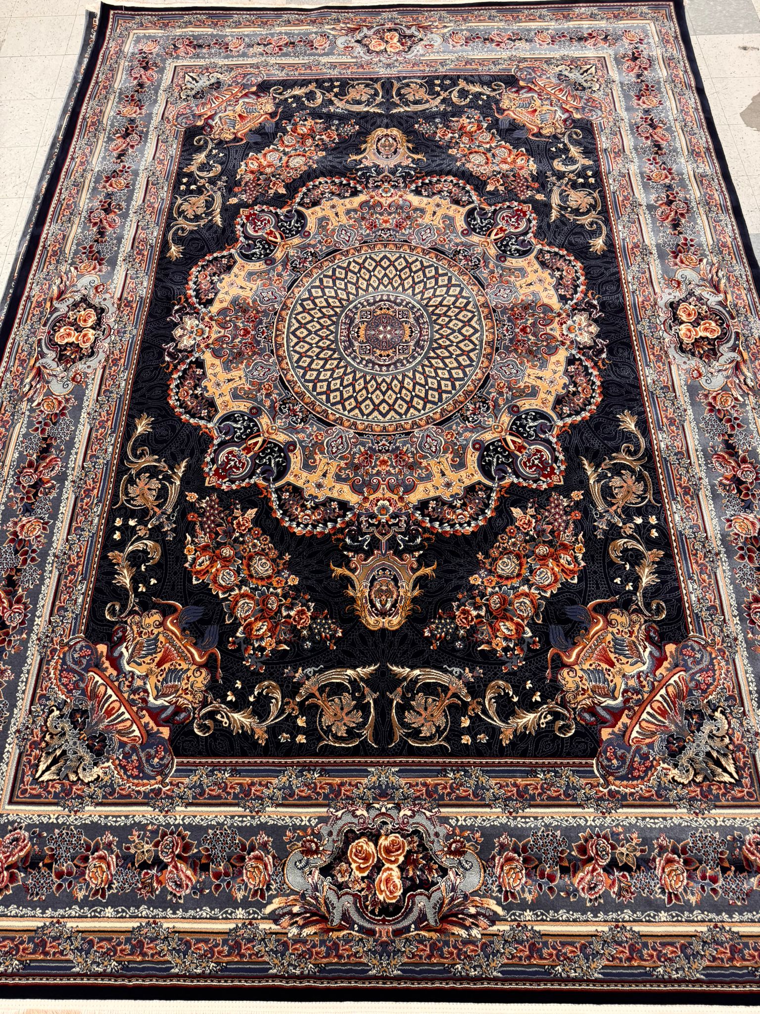 Veniz Dark Blue Color 1200 Reeds Kashan Design Machine made Carpet