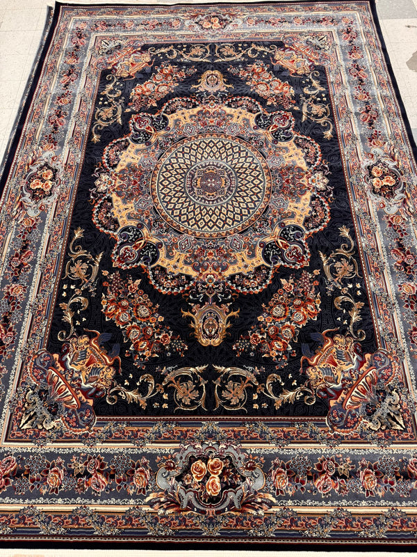 Veniz Dark Blue Color 1200 Reeds Kashan Design Machine made Carpet