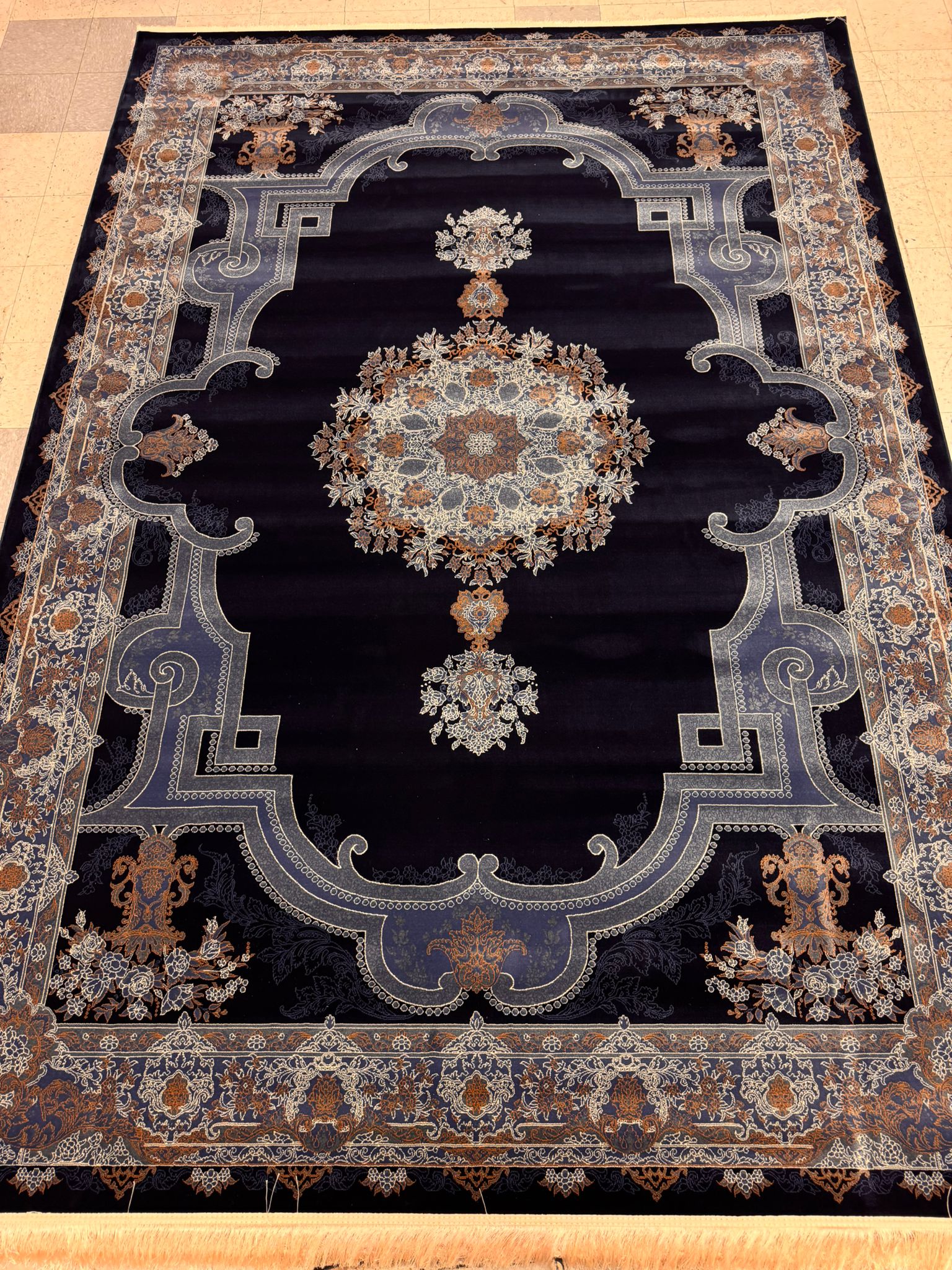 Opera Dark Blue Color 1200 Reeds Kashan Design Machine made Carpet