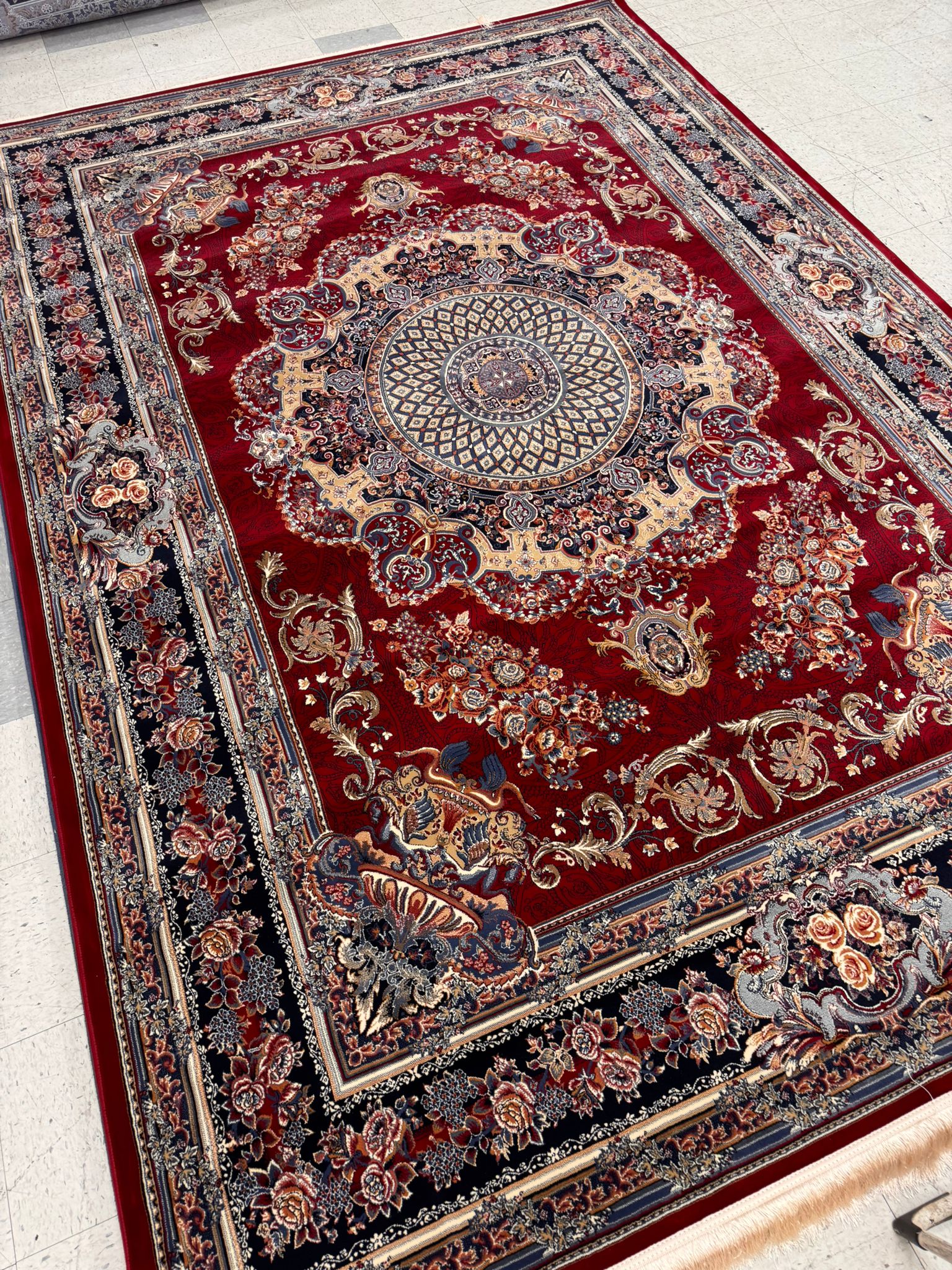 Veniz Red Color 1200 Reeds Kashan Design Machine made Carpet