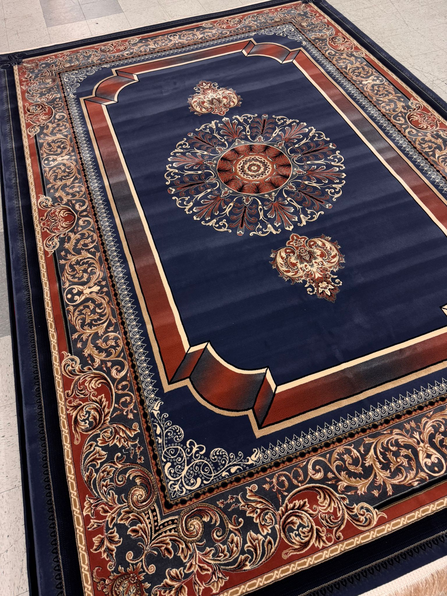 Kavir Blue Color 1200 Reeds Kashan Design Machine made Carpet