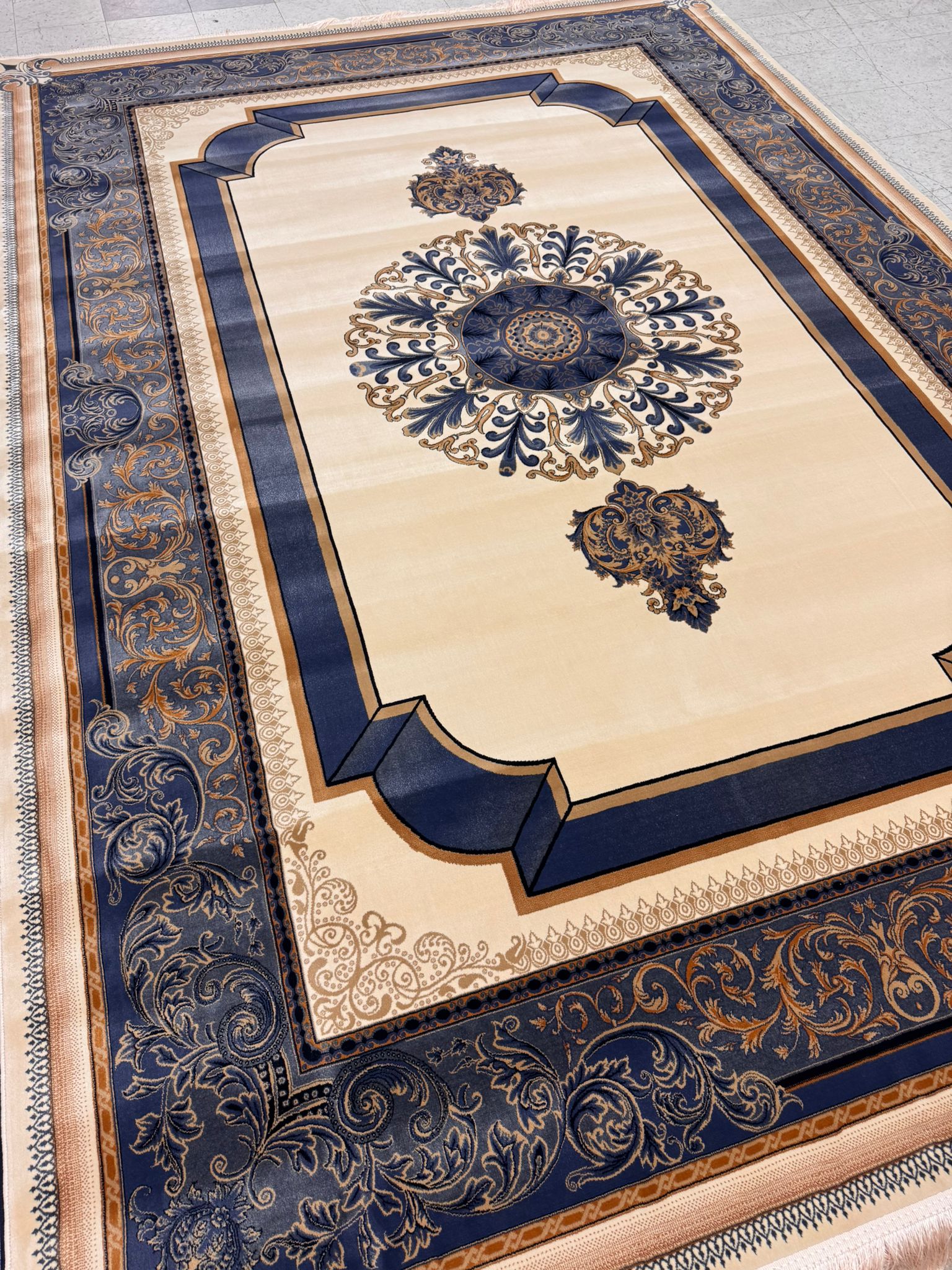 Kavir Creamy Color 1200 Reeds Kashan Design Machine made Carpet