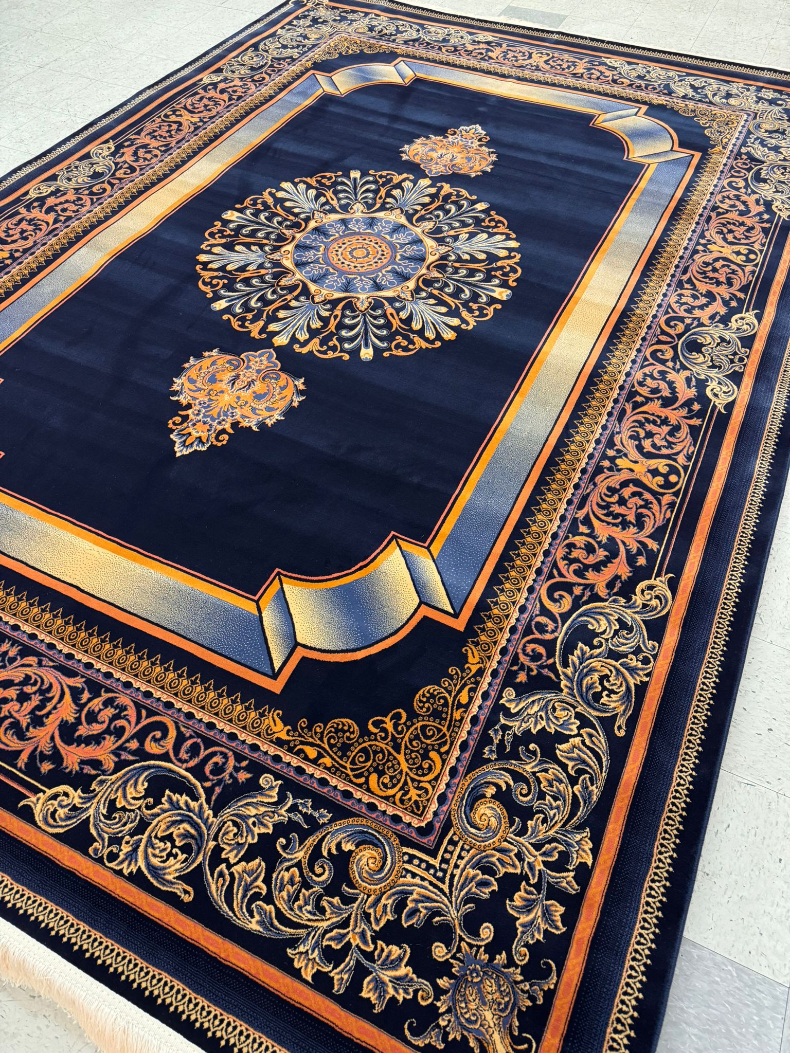 Kavir Dark Blue Color 1200 Reeds Kashan Design Machine made Carpet