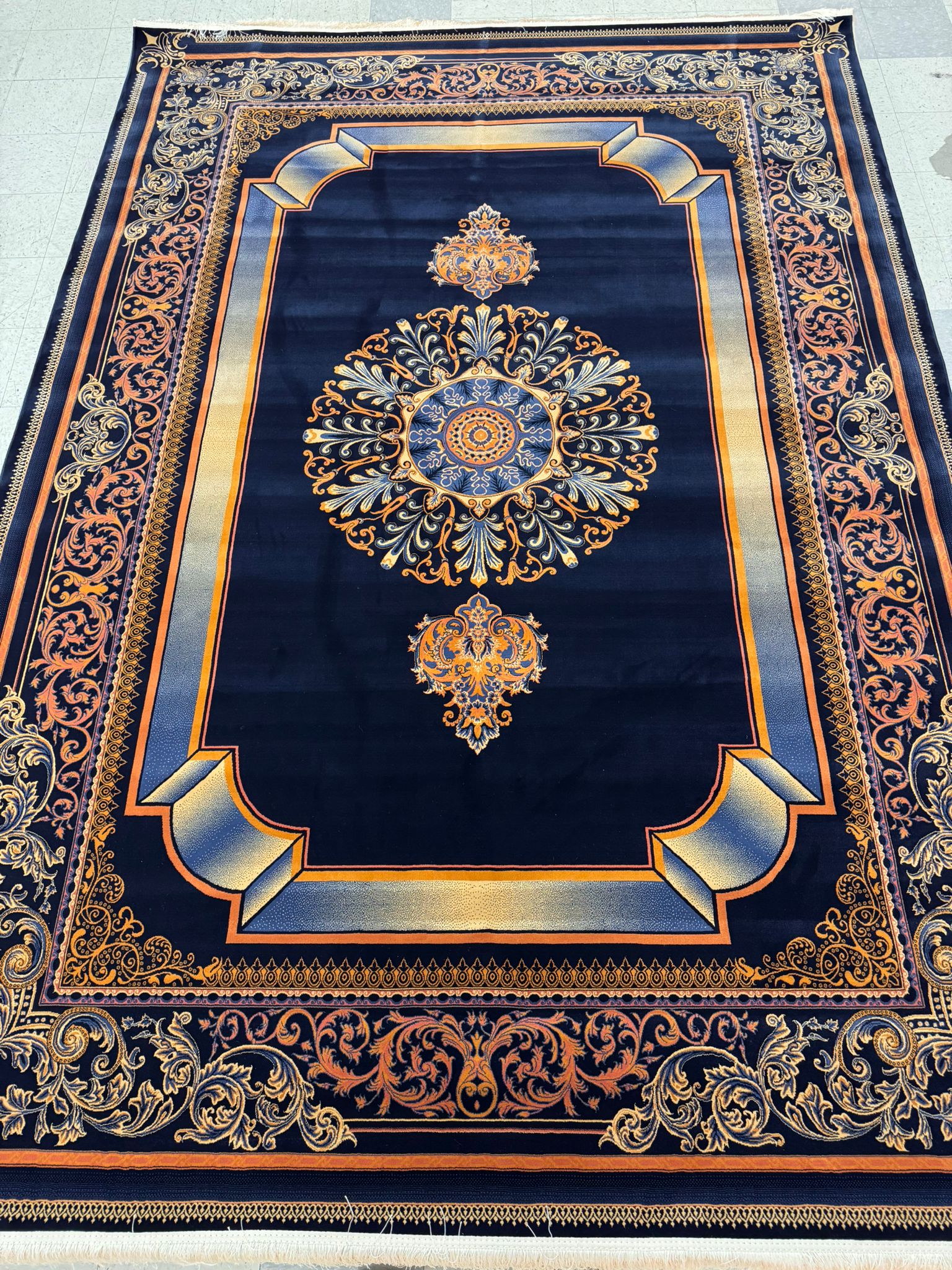 Kavir Dark Blue Color 1200 Reeds Kashan Design Machine made Carpet