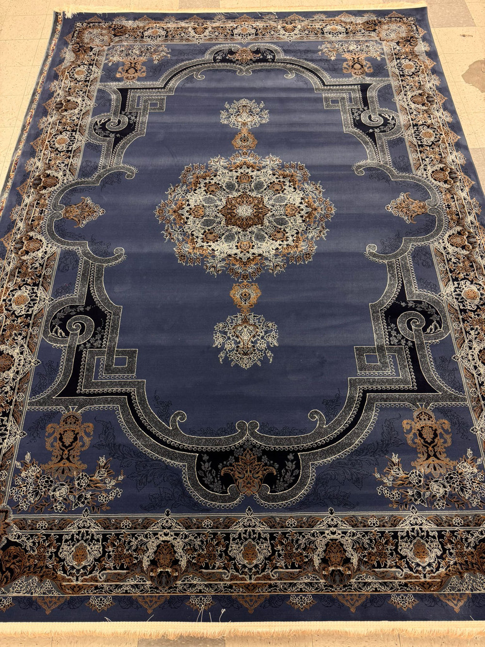 Opera Blue Color 1200 Reeds Kashan Design Machine made Carpet