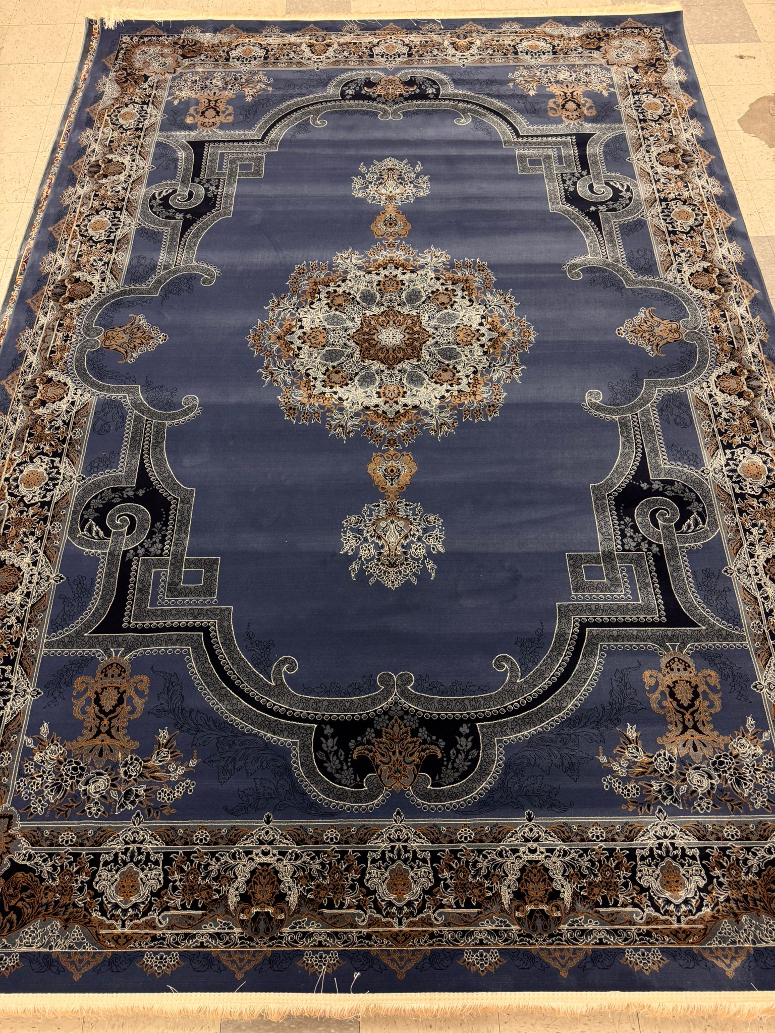 Opera Blue Color 1200 Reeds Kashan Design Machine made Carpet