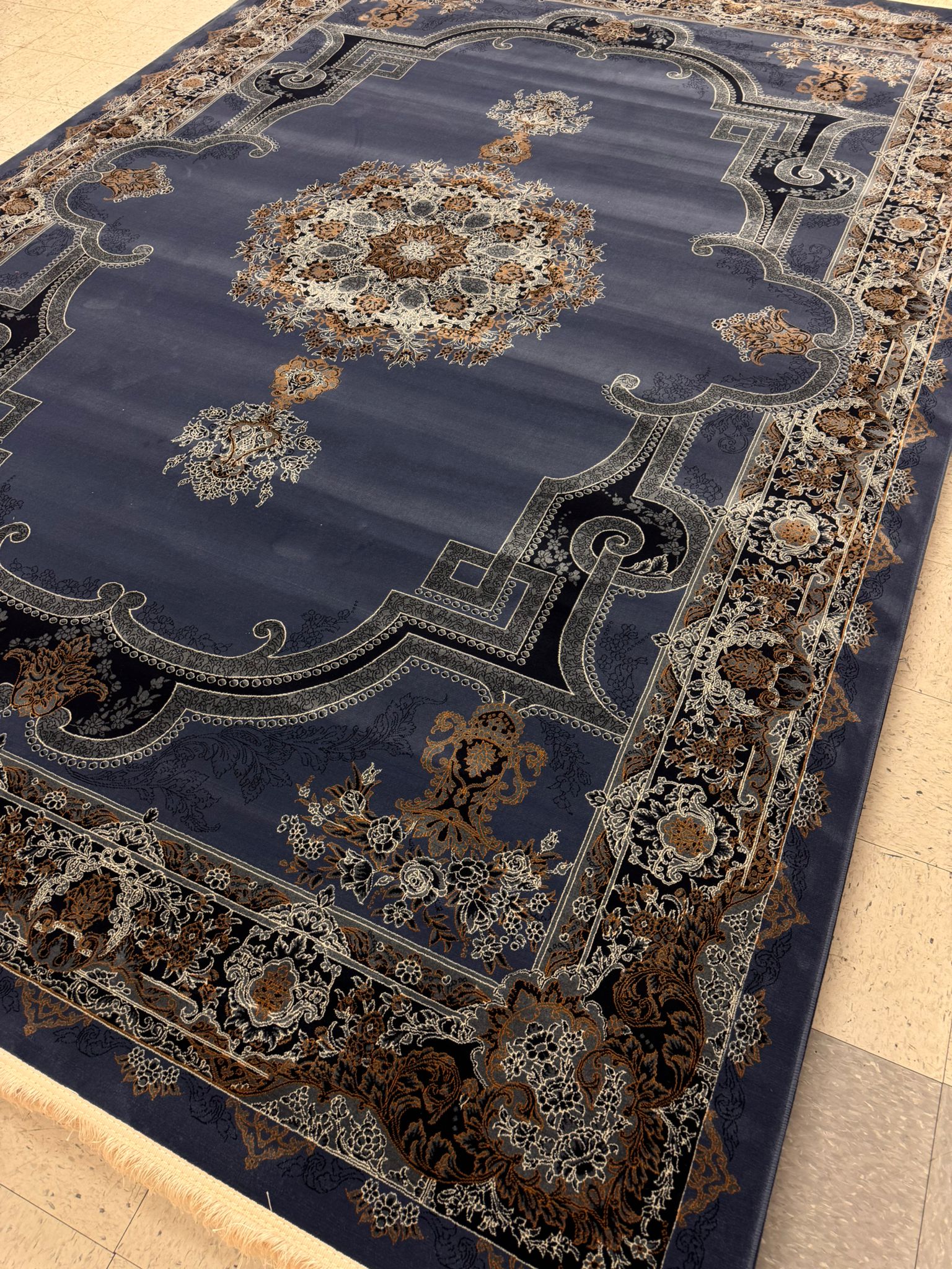 Opera Blue Color 1200 Reeds Kashan Design Machine made Carpet