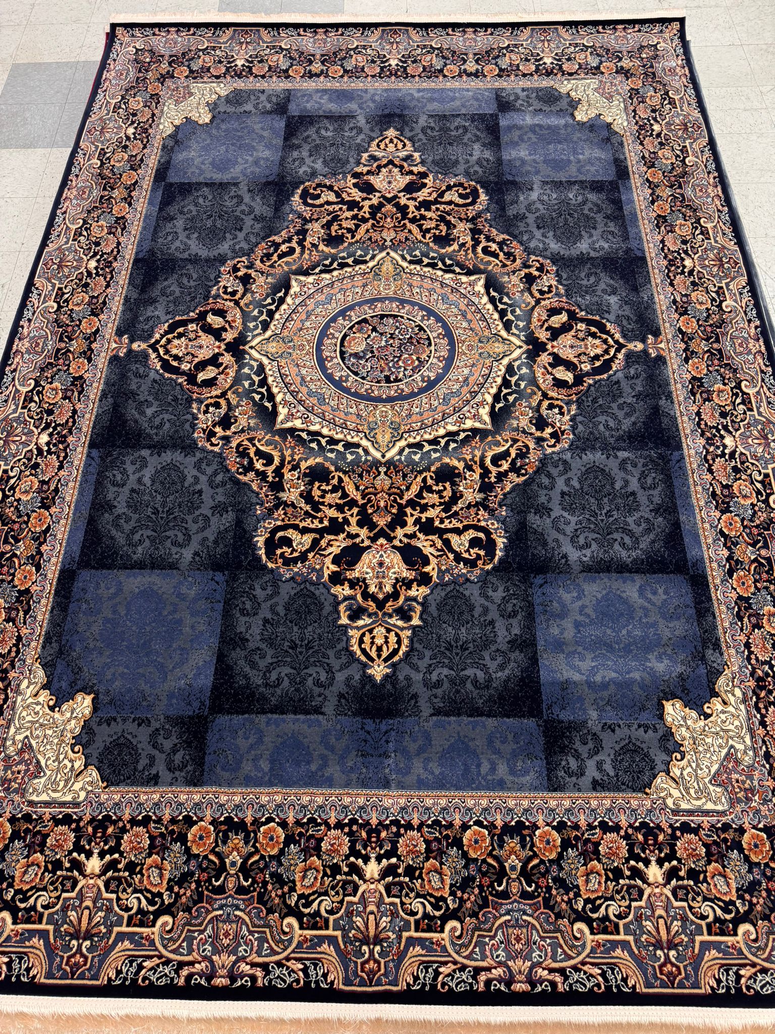 NIKE Dark Blue Color 1200 Reeds Kashan Design Machine made Carpet