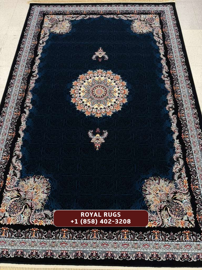 ‌DARK NAVY Color High Quality 1500 Reeds Kashan Design Machine Made Carpet #A78804