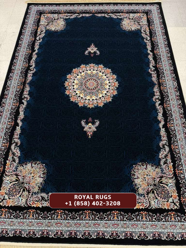 ‌DARK NAVY Color High Quality 1500 Reeds Kashan Design Machine Made Carpet #A78804