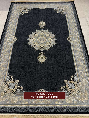 BLACK Color High Quality 1500 Reeds Kashan Design Machine Made Carpet #A74604