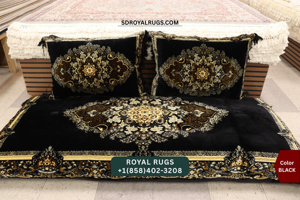 BLACK Afghani Toshak Cover Set with 2 Pillow Covers – Traditional Afghan Floor Mattress Cover (#1006)