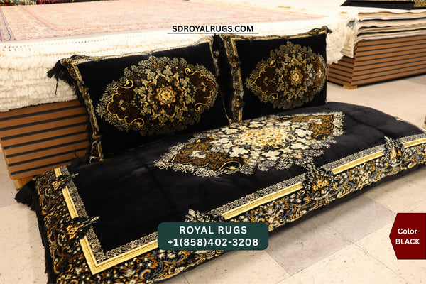 BLACK Afghani Toshak Cover Set with 2 Pillow Covers – Traditional Afghan Floor Mattress Cover (#1006)