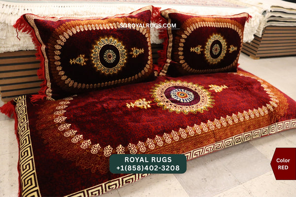 RED Afghani Toshak Cover Set with 2 Pillow Covers – Traditional Afghan Floor Mattress Cover (#10010)