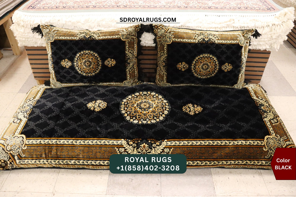 BLACK Afghani Toshak Cover Set with 2 Pillow Covers – Traditional Afghan Floor Mattress Cover (#1007)