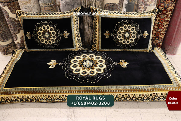 BLACK Afghani Toshak Cover Set with 2 Pillow Covers – Traditional Afghan Floor Mattress Cover (#1005)