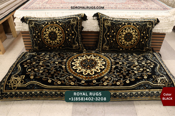 BLACK Afghani Toshak Cover Set with 2 Pillow Covers – Traditional Afghan Floor Mattress Cover (#1008)