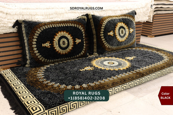 BLACK Afghani Toshak Cover Set with 2 Pillow Covers – Traditional Afghan Floor Mattress Cover (#1001)