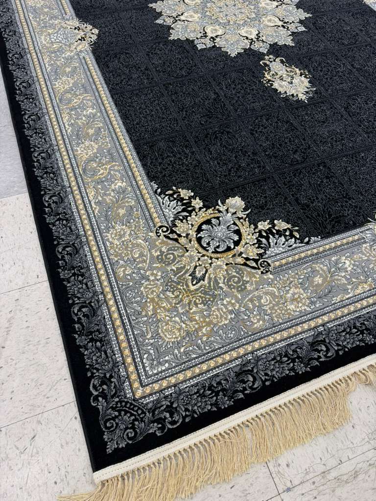BLACK Color High Quality 1500 Reeds Kashan Design Machine Made Carpet #A74604