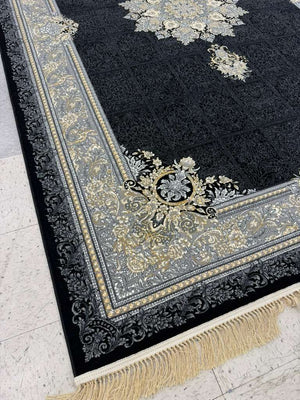 BLACK Color High Quality 1500 Reeds Kashan Design Machine Made Carpet #A74604