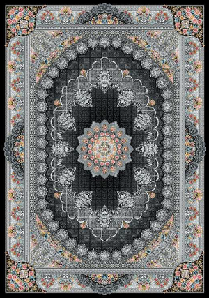 BLACK Color High Quality 1500 Reeds Kashan Design Machine Made Carpet #813504 (COTTON)